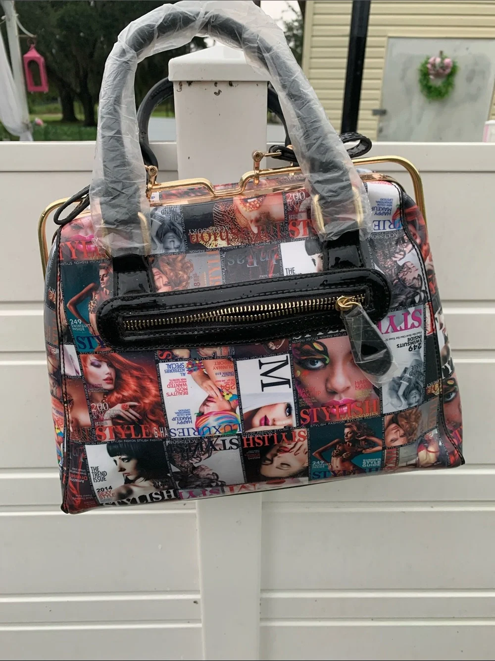 Stylish Magazine-Print Satchel Bag in Multicolor by